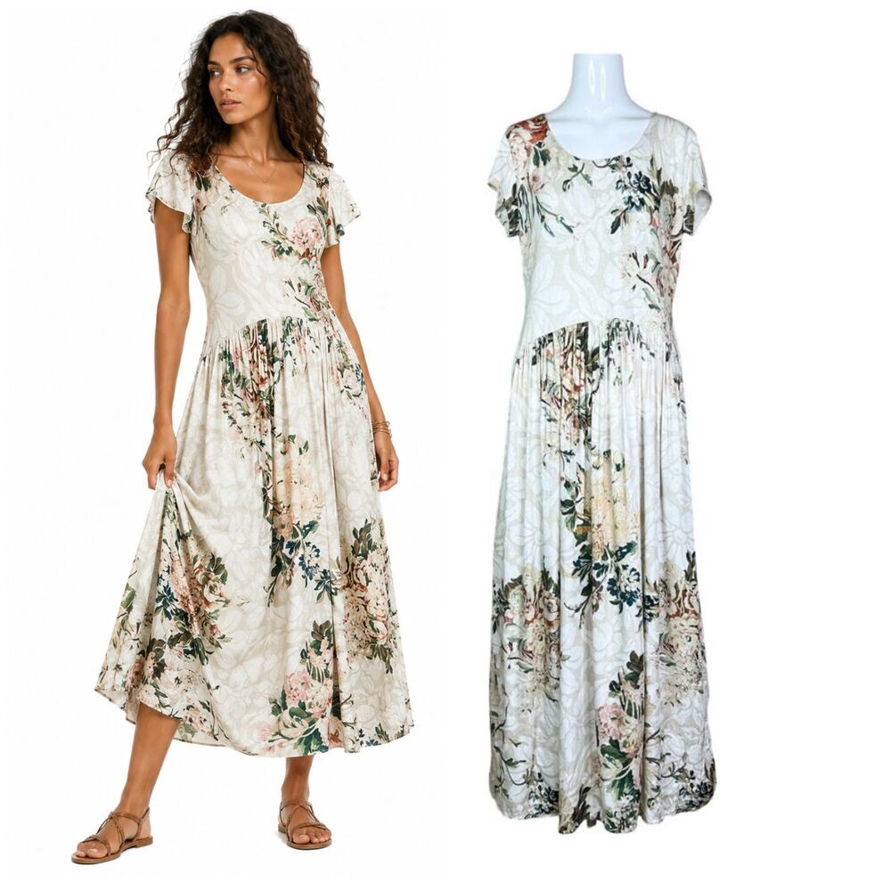 Peruvian Connection | Antique Floral Print Short Sleeve Soft Cream Midi Dress M